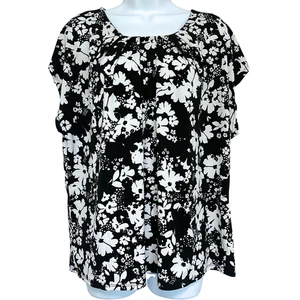 Adrienne Vittadini Cap Sleeve Top Womens Size 1X Black White Floral Lightweight - Picture 1 of 10