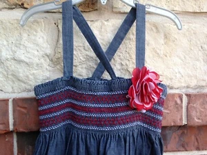 Gymboree chambray denim smocked red & white flower dress 6 Patriotic July 4 - Picture 1 of 2
