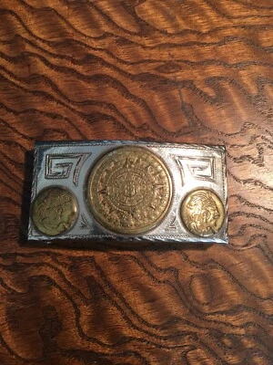 Vintage Alpaca & Brass Aztec Calendar Motif Belt Buckle - Image 1 of 2