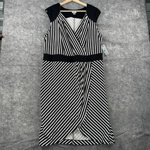 Worthington Dress Womens Plus 2X Black White Striped V Neck Faux Wrap Empire NEW - Picture 1 of 12