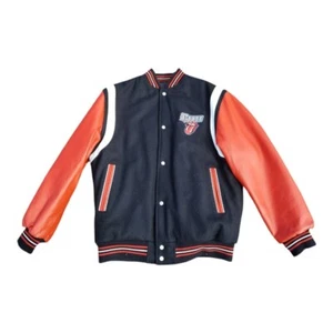 ROLLING STONES VINTAGE LEATHER LOGO LETTERMAN JACKET WOOL BLACK RED WHITE XL Y2K - Picture 1 of 6