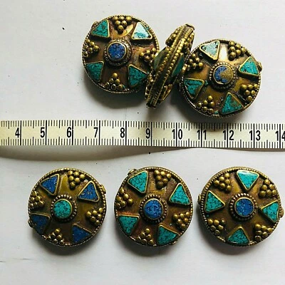  Cuentas tibetanas nepalesas incrustaciones turquesa lapislázuli latón redondo reversible cuentas de 30 mm  Foto 1 de 2