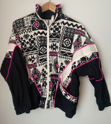 VTG 80s 90s Activology  Track Jacket  Sz S Black White Hot Pink Geometric - Image 1 of 4