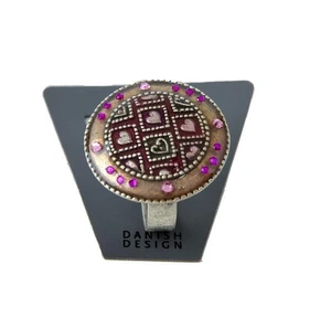 NEW PILGRIM SILVER RING ROUND VIOLET CRYSTALS ENAMEL HEARTS ADJUSTABLE BAND SIZE - Picture 1 of 1