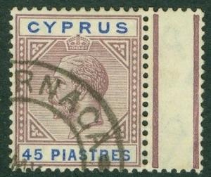 SG 84 Cyprus 1912. 45pi dull purple & ultramarine. Very fine used marginal... - Picture 1 of 1