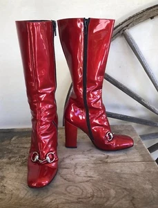 GUCCI Red Patent Leather Mid-Calf HorseBit Equestrian Heel Boots 6.5B Italy RARE - Picture 1 of 12