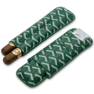 Durable Leather Case Holder 2 Tube Travel Green Cigar Portable Humidor Cutter