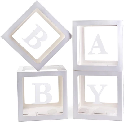 DO NOT APPLY Baby Boxes with 4 Pcs Letters White Clear Balloon Box Blocks for Baby Shower and