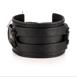 BRACCIALE PELLE/ CUOIO ARTIGIANALE A BOTTONE BRONZO REGOLABILE POLSINO UOMO - Foto 1 di 3