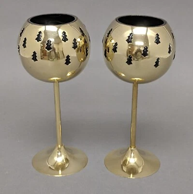 Votive Candle Holder Brass Green Glass Liner Tree Cutouts 4"D 9"High Set/2 - Image 1 of 4