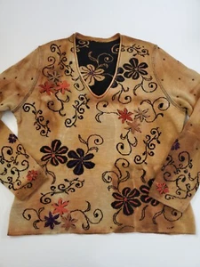 Caamaño Size Med Tan/Black Floral Reversible V-neck Long Sleeve Pullover Sweater - Picture 1 of 12