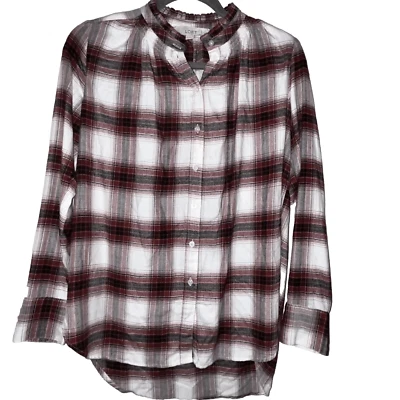 Ann Taylor Loft Blouse Wmns Sz XS Red Plaid Button Down Faux Ruffle Collar - Image 1 of 4