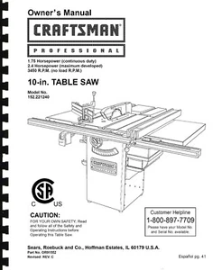 Sears Craftsman Table Saw Manual Model # 152.221240 - Bild 1 von 1