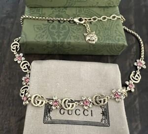 VINTAGE Gucci GG Flower Motif Tiger Pendant Necklace in Aged Brass—17” Adjust.