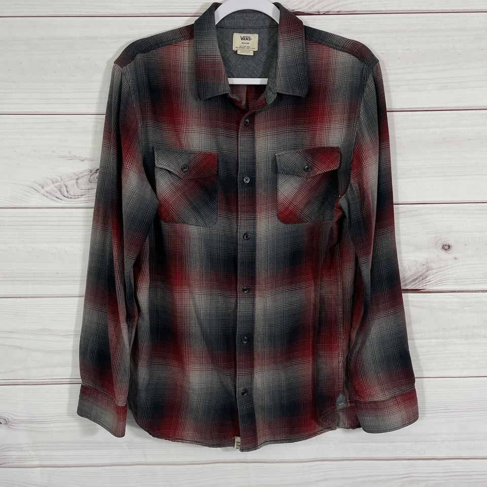 Vans Mens Shirt Button-Up Plaid Flannel Size M Burgundy Gray Skate. - Image 1 of 4