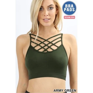 1X/2X Army Green Triple Criss Cross Bralette + bra pads Zenana seamless wireless - Picture 1 of 15