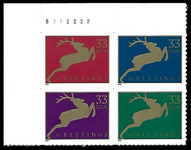 US #3356-3359 MNH Plate Block 1999 Christmas Jumping Gold Reindeer [B222222] - Image 1 of 1