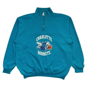 VTG 90s NBA CHARLOTTE HORNETS STARTER HALF ZIP WAFFLE SWEATSHIRT TEAL SIZE L - Picture 1 of 7