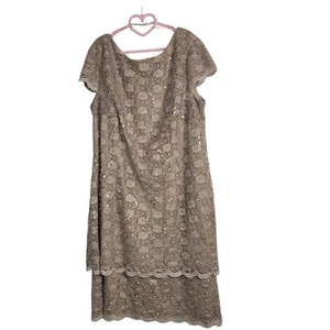 Alex Evenings Sequin Lace Tiered Dress Midi Brown Scallop Sleeve Womens Size 20 - Picture 1 of 3