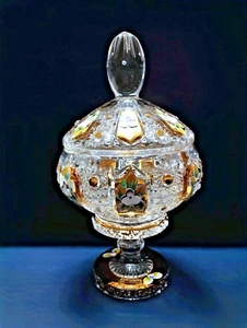 Tschechisches Deko geschliffenes Glas Kristall Dosa 24 cm verziert Gold, Emaille - Bild 1 von 6