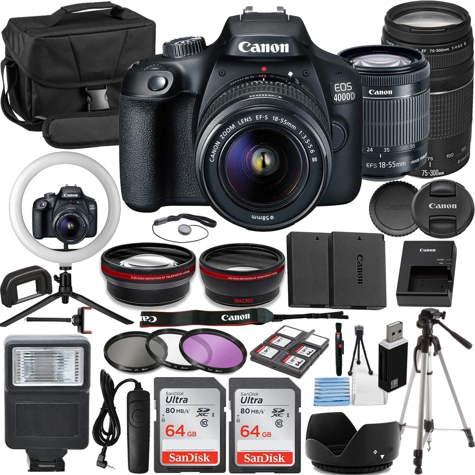 Kit de vlogger Canon 4000D: lentes de 18-55 mm y 75-300 mm, tarjeta de 2x64 GB, luz de anillo + Más Foto 1 de 4