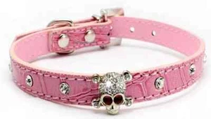 Dog Collar with Rhinestones Skull, Adjustable, Pink, Faux Leather, XS S M L - Picture 1 of 3