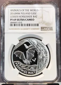 2010 POLAND SILVER 20 ZLOTYCH LESSER HORSESHOE BAT NGC PF 69 ULTRA CAMEO BEAUTY - Picture 1 of 3