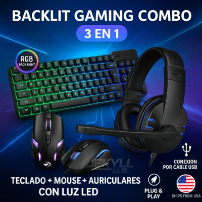 Teclado y Mouse Multicolor LED con Audifonos Para Gamer Gaming Juegos Combo 3Pcs - Image 1 of 4