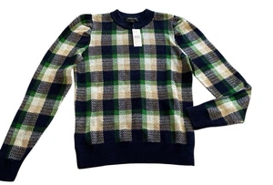 Ann Taylor Sweater Women M Medium Navy Green Plaid Jacquard Long Sleeve Crewneck - Picture 1 of 6