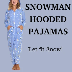 ☃️ Snowman One-Piece Pajama – Hooded Fleece Loungewear with Ears & Winter Print - Picture 1 of 7