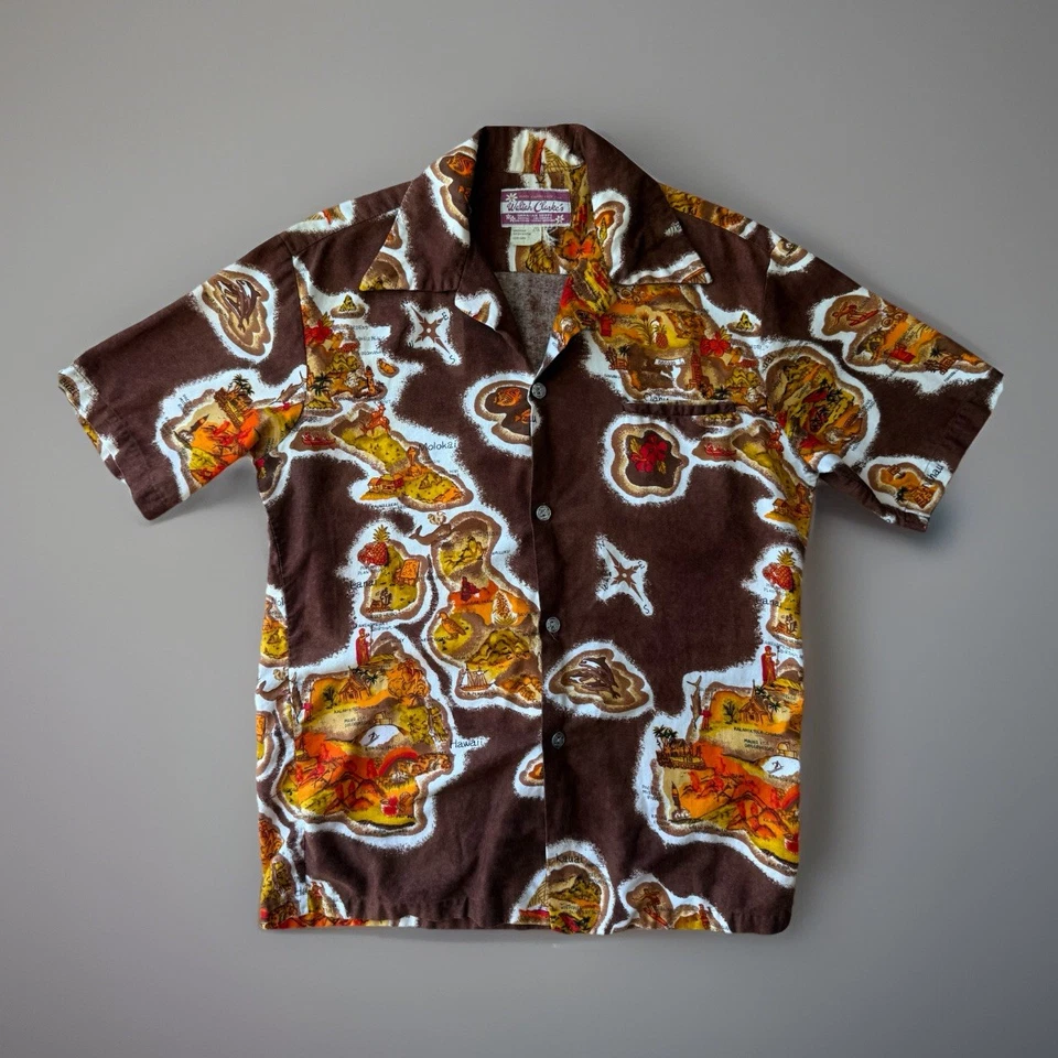 Camisa Hawaiana Waltah Clarkes De Colección M Multicolor Años 60 Cuello Lazo Arte Hawaiano Foto 1 de 4