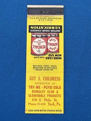 Kendall Motor Oil & Cloverdale Pepsi York PA VTG Matchbook Cover Lt#2148 - Image 1 of 2