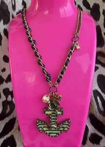 Betsey Johnson Vintage In The Navy Blue & White Striped Anchor Rose Necklace - Picture 1 of 6
