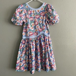 Vintage Rare Editions Floral Puff Sleeve Dress Gingham Trim Girls Sz 8 USA Union - Picture 1 of 9
