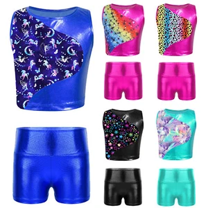 Kids Girls Sport Suit High Waist 2Pcs Set Yoga Vest And Shorts Outfits Stretchy - Picture 1 of 50