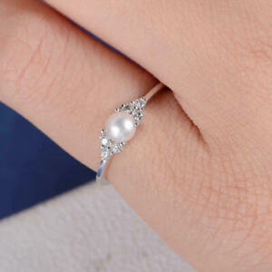 Elegant Women Cubic Zirconia 925 Silver Jewelry Pearl Ring Wedding Gift Size6-10