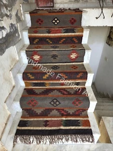 Runner per scale Kilim corridoio runner geometrico naturale tessuto a mano lana juta tappeto - Foto 1 di 12
