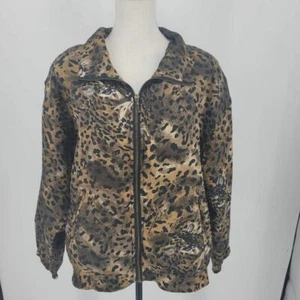 EVR Div Rousso Apparel Group Giacca Donna Marrone Leopardato Zip 100% Seta Vintage L - Foto 1 di 8