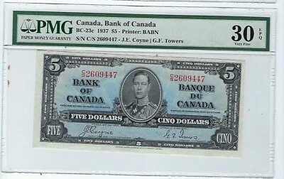 1937 $5 KGVI Bank of Canada; Gordon & Towers BC-23c.  PMG VF 30 EPQ - Image 1 of 2