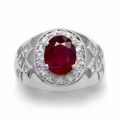 Natural Ruby & CZ Gemstones With 925 Sterling Silver Ring For Men's #566 - Image 1 of 4