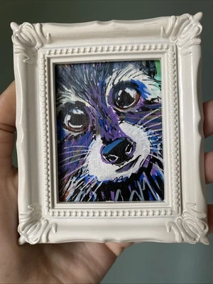 Mapache, cabeza de animal, pintura original sobre papel, 3/4, enmarcado, miniatura, pequeño, mini Foto 1 de 4