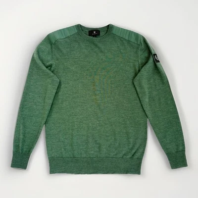 Belstaff Men's Jumper Wool Knit Crew Neck Top Green Logo Knitted Designer New - Image 1 of 4