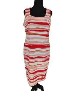 Calvin Klein Woman's Pink Red Stripes Sheath Dress Size 12 Stretch Exposed Zip - Picture 1 of 9