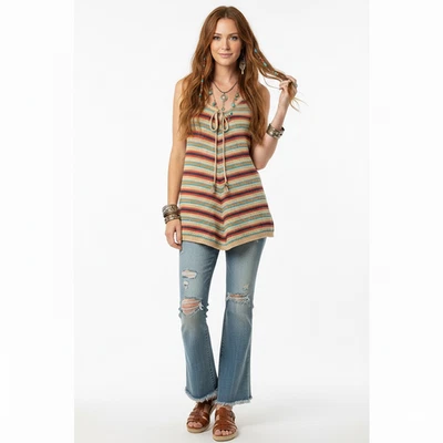 Heart N Crush Womens Tank Top Size Small Multicolor Striped Crochet Boho Feather - Image 1 of 4