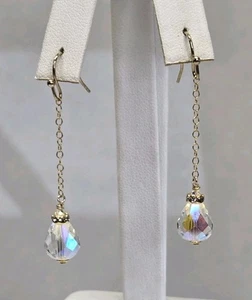 Vintage Aurora Borealis Briolette Crystal Dangle Drop Yellow GF Earrings 1.75" - Picture 1 of 5