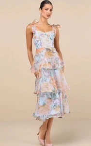 Lulus Playfully Posh Blue Floral Organza Tie-Strap Tiered Midi Dress Sz XS NWT - Picture 1 of 12