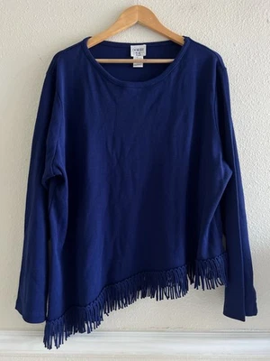 Dorby Woman Vintage Knit Top 3X Blue Fringe Asymmetrical Trim Feminine Casual — 第 1/4 张图片