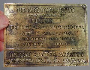 1904 Hendrie Bolthoff Denver Colorado Mining Concentrator Brass Equipment Tag - Picture 1 of 2