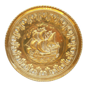 Vintage Large Repousee Brass Wall Plate Galleon Ship at Sea Wall Hanging