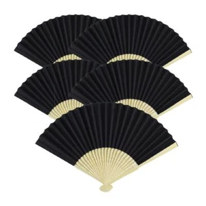 5pcs Black Paper Fans Lot of 5 Five Folding Hand Fan Pocket Purse Wedding Bamboo - Picture 1 of 3